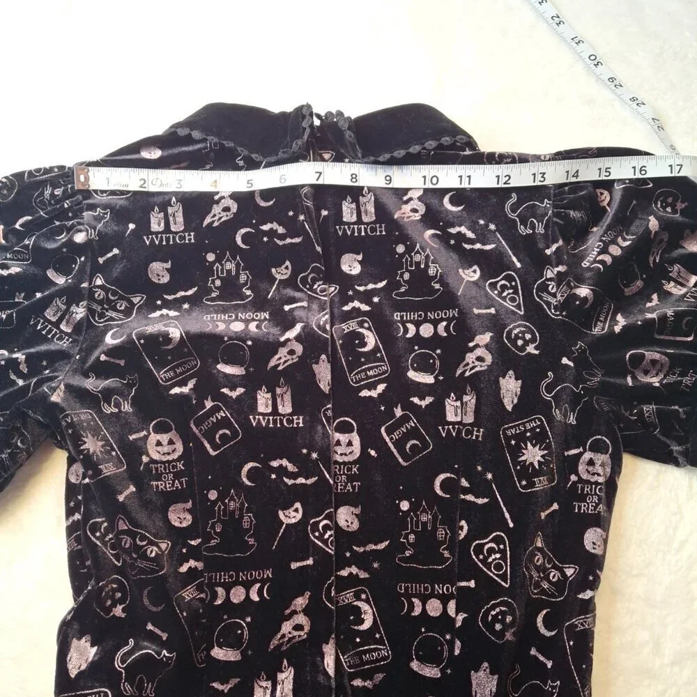 Collectif London Halloween Skater Dress Midi Sz S Velvet Novelty Print Pockets - Picture 15 of 16
